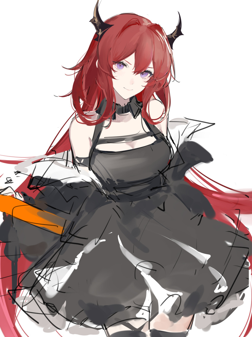 1girl absurdres arknights black_collar black_dress breasts cleavage collar demon_girl demon_horns detached_collar dress hair_between_eyes highres horns jacket joshua_(shisanli934) large_breasts long_hair off_shoulder open_clothes open_jacket purple_eyes red_hair simple_background sketch sleeveless sleeveless_dress smile solo surtr_(arknights) very_long_hair white_background