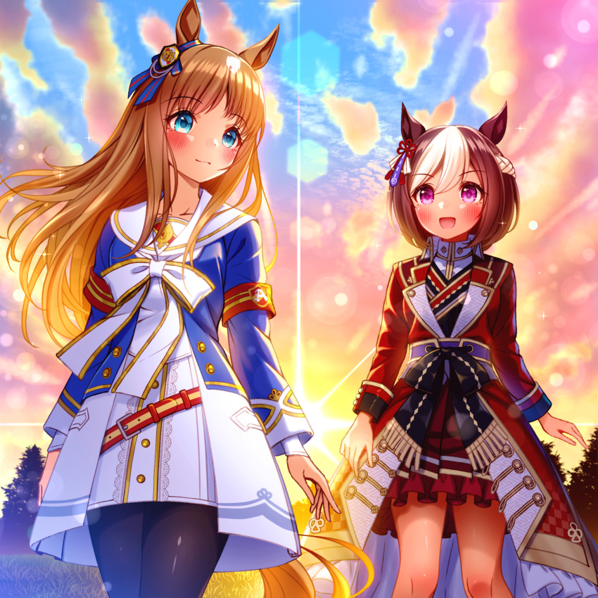 2girls animal_ears belt black_pantyhose blue_dress blue_eyes blue_sky bow braid brown_hair closed_mouth commentary crown_braid day dress dress_bow ear_ribbon frilled_skirt frills gradient_sky grass_wonder_(umamusume) half-dress highres horse_ears horse_girl horse_tail lens_flare long_hair long_sleeves looking_at_another looking_to_the_side miniskirt multicolored_hair multiple_girls official_alternate_costume open_mouth outdoors pantyhose pleated_skirt purple_eyes red_belt red_dress red_skirt short_hair skirt sky smile special_week_(supreme_commander_of_the_rising_sun)_(umamusume) special_week_(umamusume) standing sugimotty_nova sunrise tail two-tone_dress two-tone_hair umamusume white_dress white_hair wind
