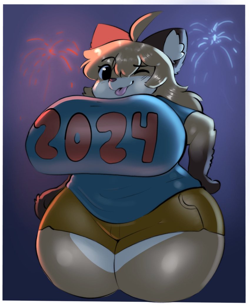 2024 2d_(artwork) big_breasts blue_clothing blue_shirt blue_topwear breasts canid canine clothing digital_media_(artwork) female fireworks fluffy fluffy_hair fox fujiko_(inazuma_kat) glistening hair hi_res huge_breasts huge_thighs inazuma_kat mammal pudgy_belly shirt slightly_chubby solo solo_focus thick_thighs tongue tongue_out topwear