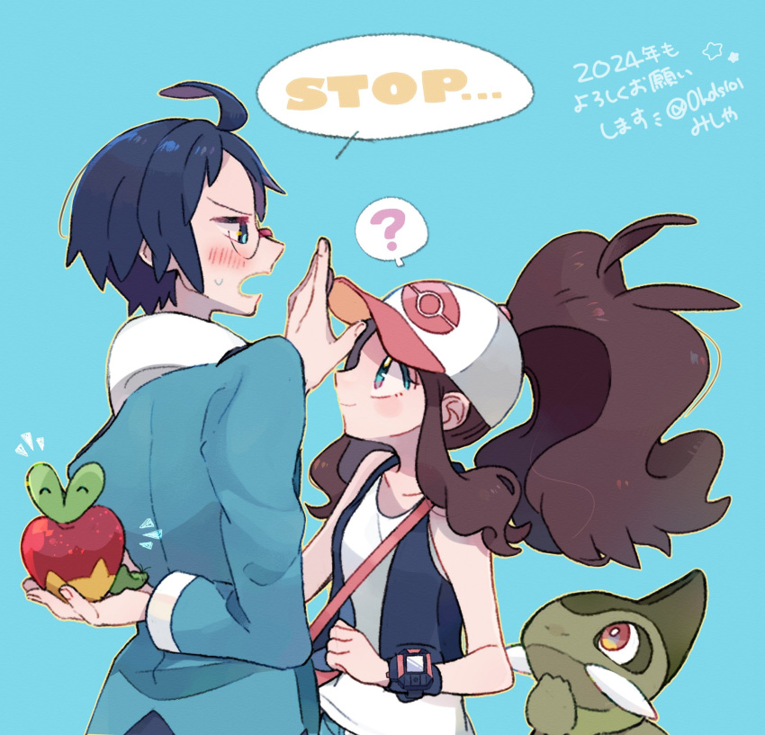 1boy 1girl ? ahoge apple applin axew baseball_cap blue_background blue_hair blush brown_hair cheren_(pokemon) closed_mouth collarbone colored_skin commentary_request dated food fruit glasses green_skin hat highres hilda_(pokemon) holding holding_pokemon long_hair misha_(ohds101) open_mouth poke_ball_symbol pokemon pokemon_(creature) pokemon_bw ponytail red_eyes round_eyewear shirt short_hair simple_background speech_bubble thought_bubble translation_request watch white_shirt worm wristwatch