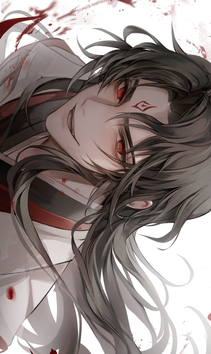 1boy absurdres black_hair black_robe chinese_clothes facial_mark forehead_mark highres long_hair luo_binghe male_focus parted_bangs red_eyes renzha_fanpai_zijiu_xitong robe smile very_long_hair white_robe young57440489