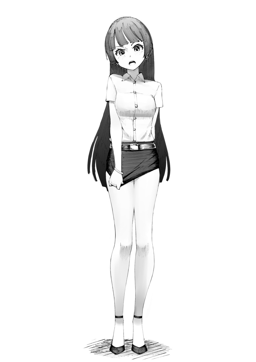 1girl absurdres bare_legs belt blunt_bangs forte_(grand_summoners) full_body grand_summoners highres hime_cut long_hair looking_at_viewer miniskirt monochrome open_mouth puppuppa short_sleeves skirt skirt_tug solo standing thighs very_long_hair