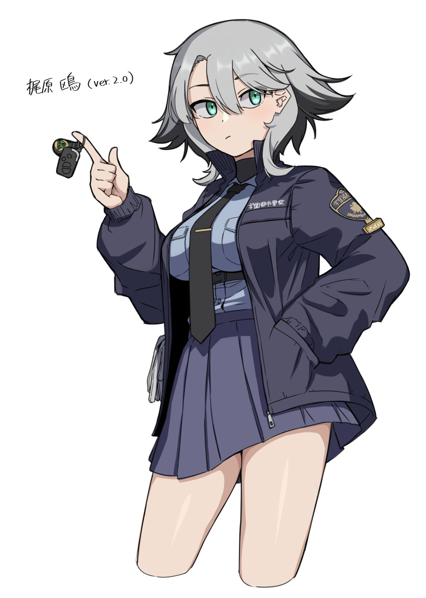 1girl absurdres black_jacket blue_shirt blue_skirt breasts closed_mouth clothes_writing collared_shirt commentary_request cropped_legs dress_shirt green_eyes grey_hair hair_between_eyes hand_in_pocket hand_up highres ismuth_(bibibibirite) jacket large_breasts long_sleeves open_clothes open_jacket original pleated_skirt puffy_long_sleeves puffy_sleeves shirt simple_background skirt sleeves_past_wrists solo translation_request white_background