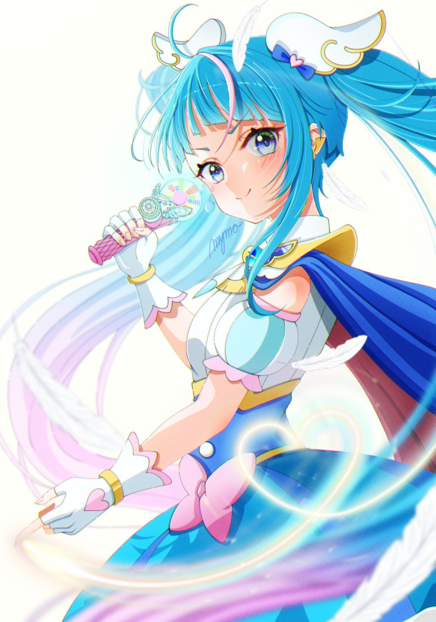 1girl ahoge blue_cape blue_eyes blue_hair blue_skirt bow cape closed_mouth corset cowboy_shot cure_sky detached_sleeves dot_nose drawn_heart feathers fingerless_gloves gloves gradient_hair hair_ornament highres hirogaru_sky!_precure holding holding_wand long_hair looking_at_viewer magical_girl multicolored_hair mymo0527 pink_bow pink_hair precure puffy_detached_sleeves puffy_sleeves simple_background skirt smile solo sora_harewataru standing streaked_hair twintails two-tone_hair waist_bow wand white_background white_gloves