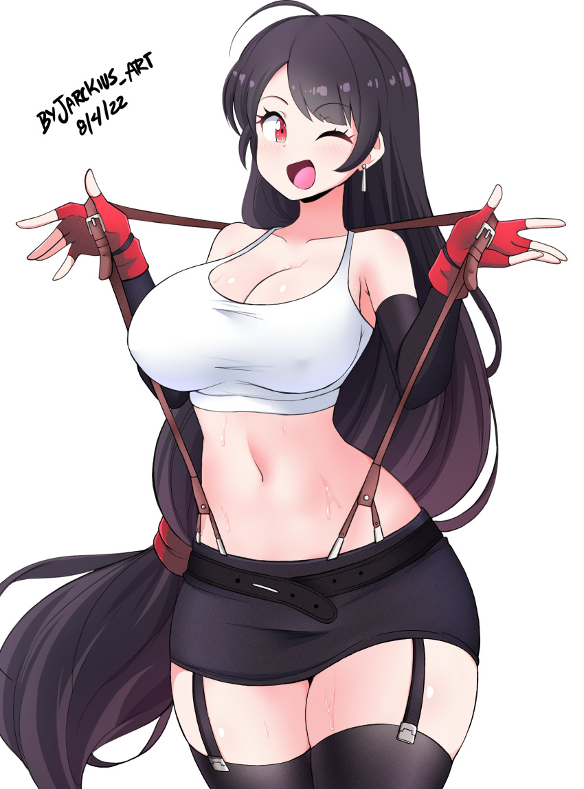 1girl absurdres artist_name black_hair black_skirt black_thighhighs breasts brown_eyes cleavage commentary crop_top dated final_fantasy final_fantasy_vii fingerless_gloves garter_straps gloves highres jarckius large_breasts long_hair looking_at_viewer low-tied_long_hair midriff miniskirt navel one_eye_closed open_mouth red_gloves skirt smile solo suspenders_pull thighhighs tifa_lockhart very_long_hair white_background