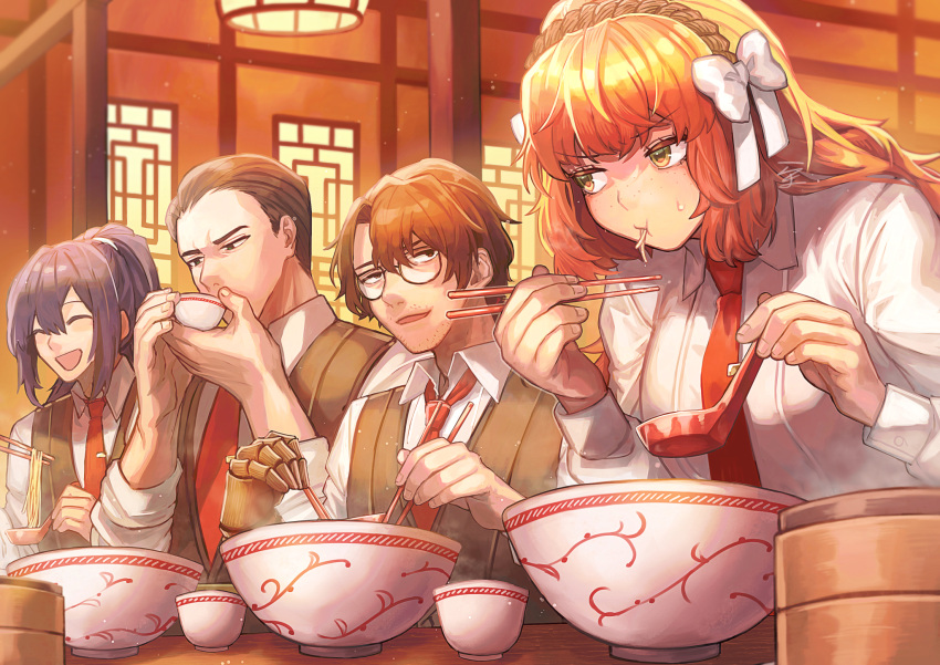 1girl 3boys black_eyes black_hair black_vest bow brown_eyes brown_hair brown_hairband chinese_spoon collared_shirt cup drinking eating glasses green_eyes gregor_(project_moon) hair_bow hairband highres hong_lu_(project_moon) indoors ishmael_(project_moon) lattice limbus_company long_hair long_sleeves meursault_(project_moon) multiple_boys necktie orange_hair project_moon rashima_(rcm_illust) red_necktie rope shirt sidelocks teacup very_long_hair vest white_bow white_shirt