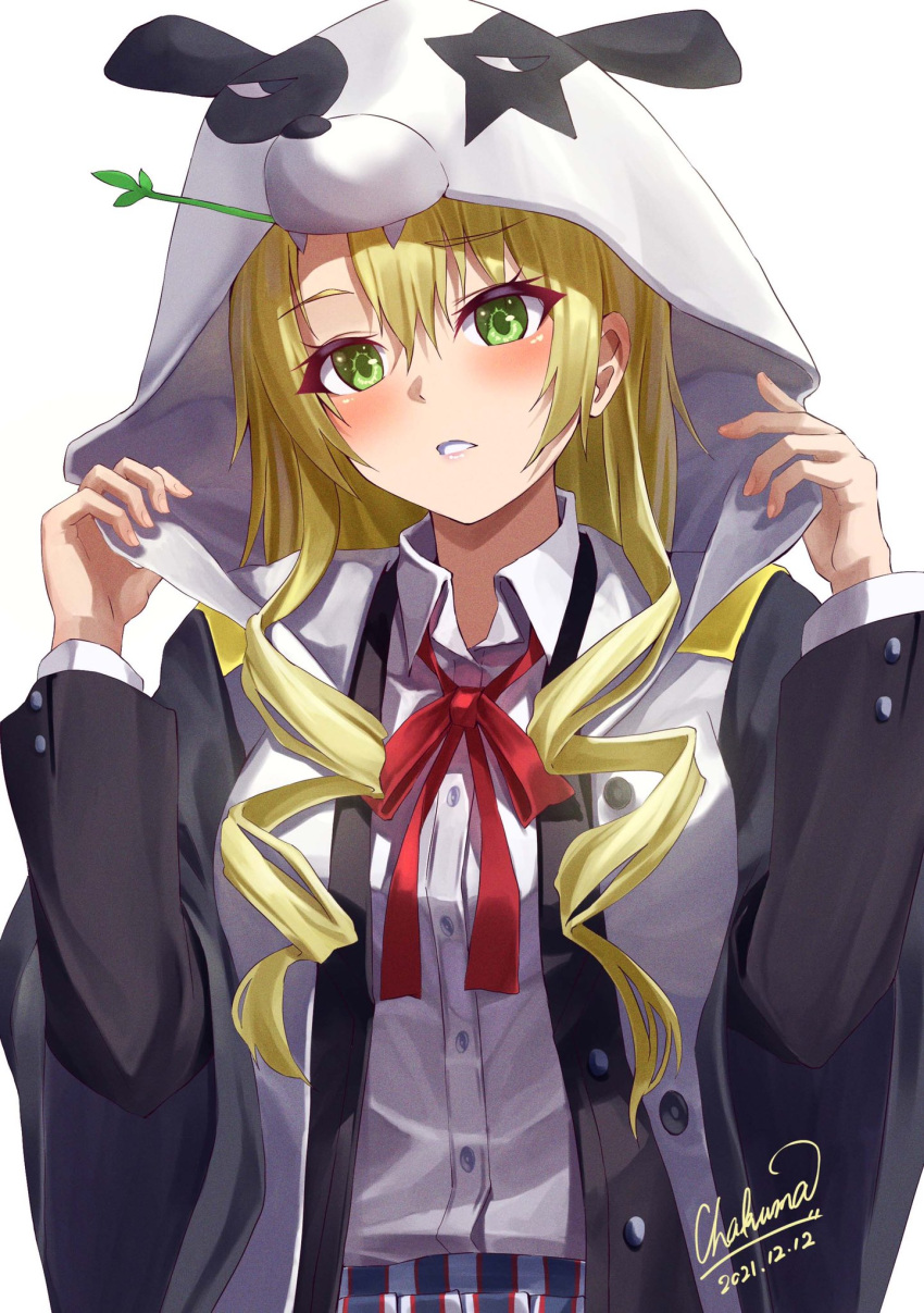 1girl animal_hood artist_name black_jacket blazer blonde_hair blush chakuma_(yiyh1468) collared_shirt dated drill_hair green_eyes hands_up highres hood hood_up jacket long_hair long_sleeves looking_at_viewer miura_yumiko neck_ribbon panda_hood parted_lips plaid plaid_skirt red_ribbon ribbon school_uniform shirt simple_background skirt sobu_high_school_uniform solo upper_body white_background white_shirt yahari_ore_no_seishun_lovecome_wa_machigatteiru.