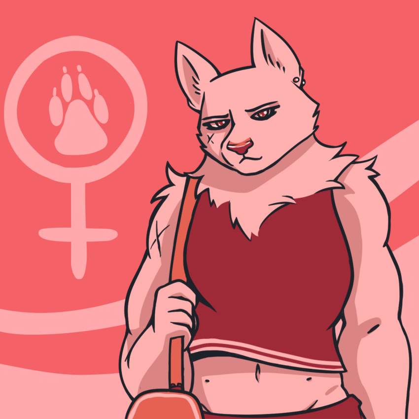 2019 anthro bottomwear breasts canid canine canis clothed clothing deer_(artist) digital_media_(artwork) ear_piercing ethquest eyebrows eyelashes female female_symbol front_view fully_clothed fur gender_symbol half-length_portrait head_tilt hi_res inner_ear_fluff looking_at_viewer mammal muscular muscular_anthro muscular_female navel piercing pink_background portrait purse red_bottomwear red_clothing red_eyes red_shirt red_tank_top red_topwear ruff scratches shirt simple_background snout solo standing symbol tank_top thorne_(ethquest) topwear tuft white_body white_fur wolf women's_day