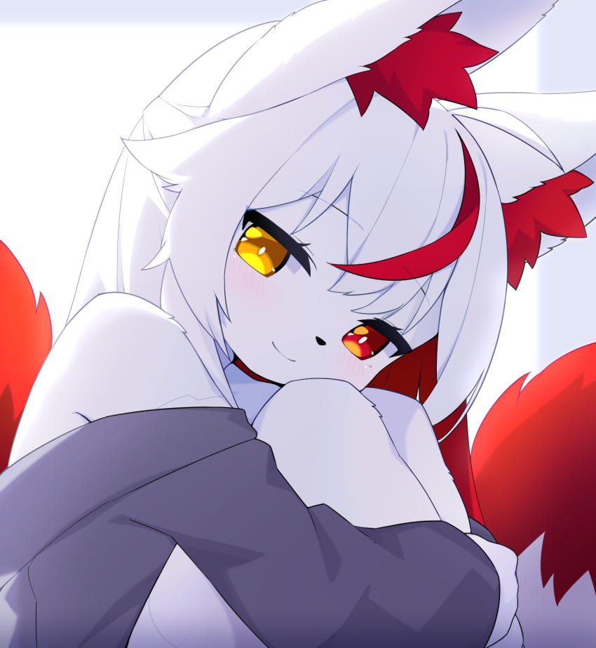 2021 ahoge anthro black_nose blush canid canine clothed clothing devil-vox dipstick_tail female fox fur hair heterochromia hi_res inner_ear_fluff kemono knia_(devil-vox) looking_at_viewer mammal markings multicolored_hair multicolored_tail off_shoulder partially_clothed red_body red_eyes red_fur red_hair smile smiling_at_viewer solo tail_markings tuft white_body white_fur white_hair yellow_eyes