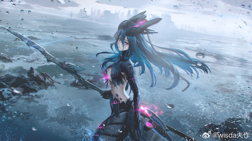 1girl blue_eyes blue_hair breast_curtains breasts building chinese_commentary cityscape commentary cowboy_shot cyborg from_side glowing_clothes hair_between_eyes headgear holding holding_polearm holding_weapon horizon lamia_(npc)_(punishing:_gray_raven) lamia_(punishing:_gray_raven) long_bangs long_hair looking_at_viewer looking_to_the_side mechanical_arms mechanical_parts medium_breasts midriff ocean overcast polearm punishing:_gray_raven purple_eyes ringed_eyes sky skyscraper solo stomach two-tone_eyes underboob weapon weibo_logo weibo_username wet_camera wisda