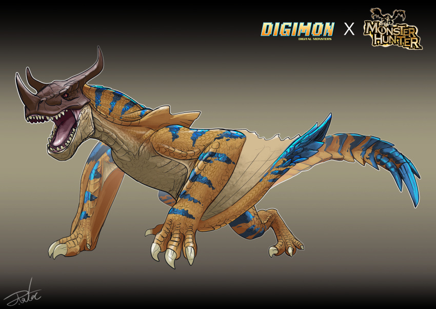 absurdres blue_stripes copyright_name creature crossover digimon digimon_(creature) dragon fusion greymon gugenheim98 highres horns monster monster_hunter_(series) open_mouth red_eyes scales sharp_teeth signature simple_background solo striped tail teeth tigrex wings wyvern