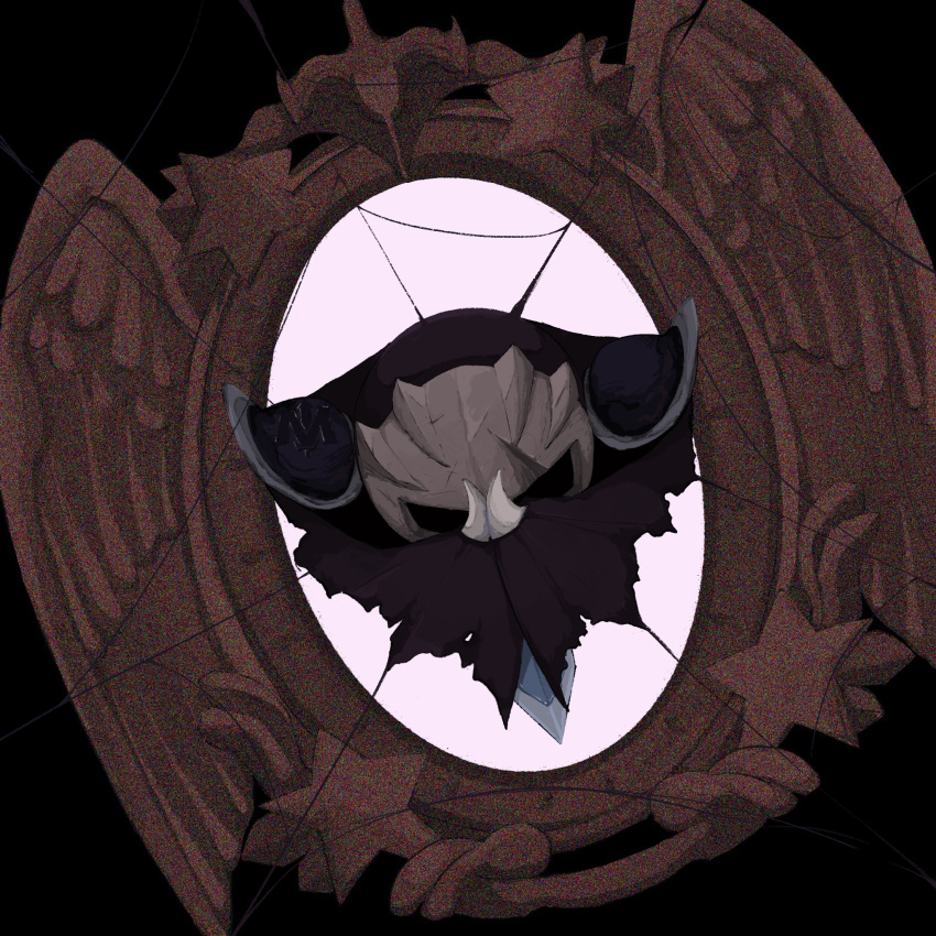 1boy 93mai armor bat_wings black_background dark_meta_knight dimension_mirror highres kirby_(series) kirby_and_the_amazing_mirror male_focus mask mirror no_humans pauldrons scar shoulder_armor solo star_(symbol) torn_wings wings