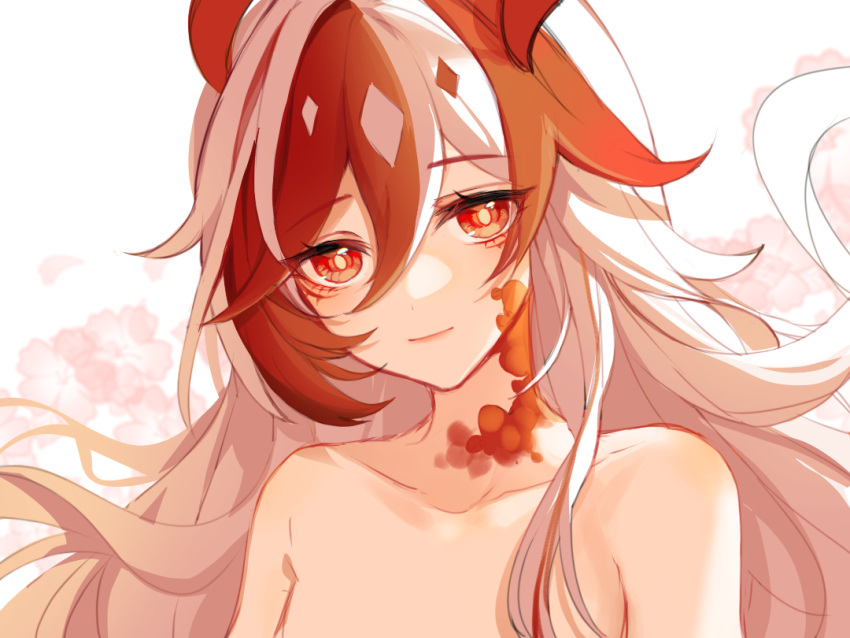 completely_nude eyeliner fu_hua fu_hua_(garuda) hair_between_eyes honkai_(series) honkai_impact_3rd light_smile long_hair makeup mangzhi_yaoyao multicolored_hair nude red_eyeliner red_eyes red_hair red_scales scales solo streaked_hair symbol-shaped_pupils two-tone_hair upper_body very_long_hair white_background white_hair yellow_pupils