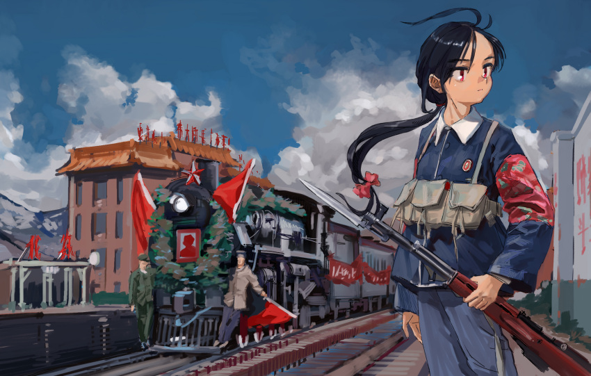 1boy 1girl ammunition_pouch architecture armband axdg badge banner bayonet blue_pants blue_sky bow brown_footwear brown_jacket building chest_rig china chinese_clothes chinese_text cloud cloudy_sky collar collared_jacket communism cultural_revolution east_asian_architecture floating_hair gun hair_bow headlight highres holding holding_gun holding_weapon jacket locomotive long_hair looking_to_the_side military mountain mountainous_horizon on_vehicle original pants parted_bangs people ponytail portrait_(object) pouch railroad_tracks red_armband red_bow red_eyes red_flag red_guard red_star rifle scenery sks sky smoke star_(symbol) steam_locomotive train train_station weapon white_collar wreath