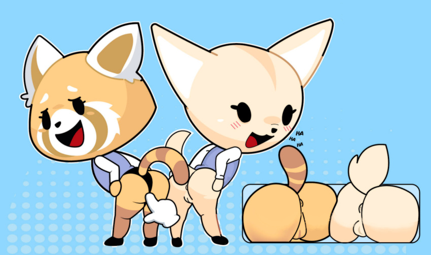 abstract_background aggressive_retsuko ailurid ambiguous_gender anthro anus bent_over blue_background blush butt canid canine chibi duo female female/ambiguous fennec fenneko fox genitals gosgoz laugh looking_at_viewer mammal open_mouth presenting presenting_hindquarters pussy red_panda retsuko sanrio simple_background