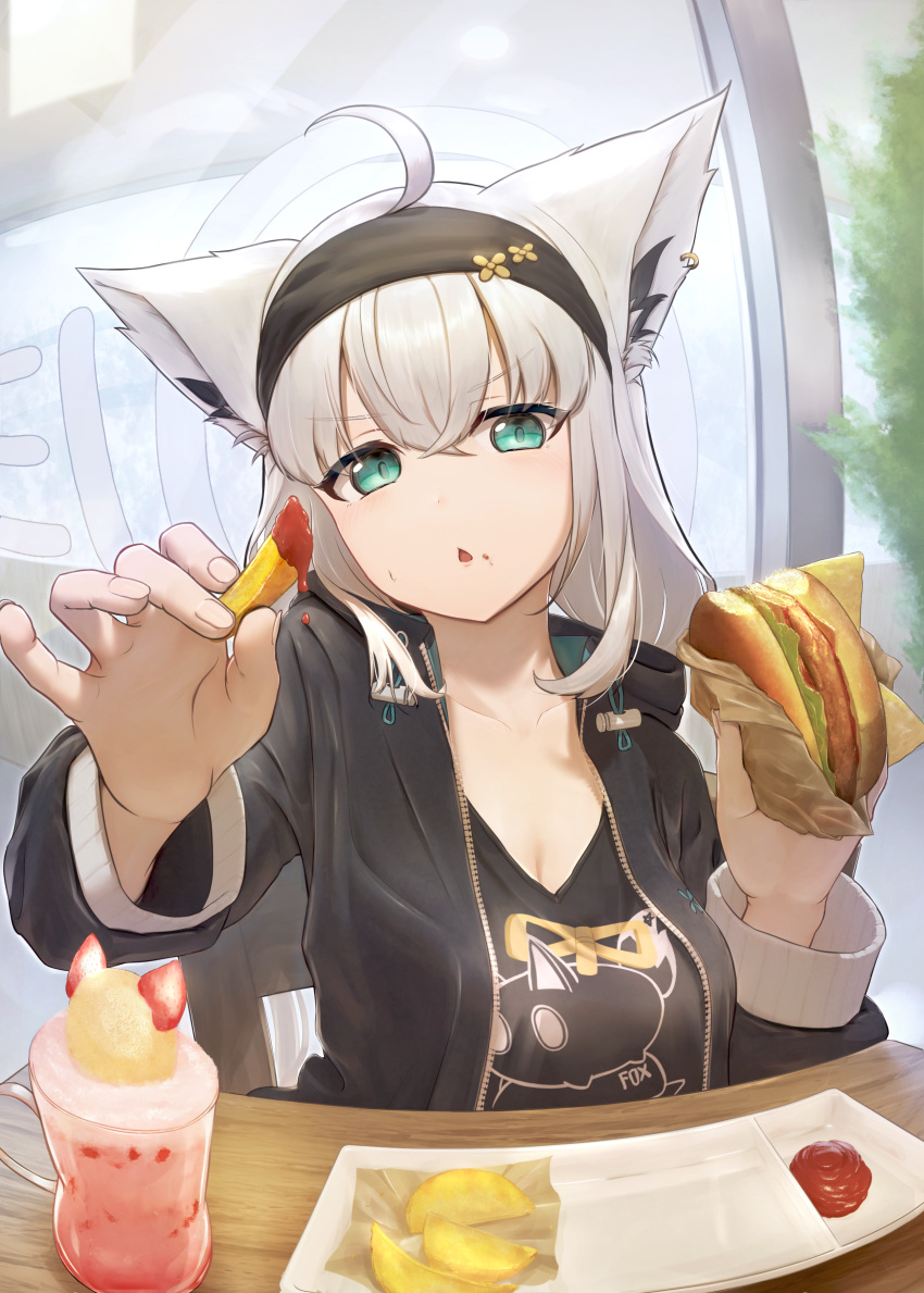 1girl absurdres ahoge animal_ear_fluff animal_ears aqua_eyes black_hairband black_jacket black_shirt breasts burger chair cleavage commentary_request cup earrings food food_on_face food_request fox_ears fox_girl french_fries hair_between_eyes hairband highres holding holding_food hololive indoors jacket jewelry ketchup lerk_puzz looking_at_viewer medium_breasts nejima_kitsune_(shirakami_fubuki) official_alternate_costume on_chair parted_lips shirakami_fubuki shirakami_fubuki_(7th_costume) shirt sidelocks single_earring sitting solo table tray triangle_mouth unzipped virtual_youtuber white_hair wooden_chair wooden_table