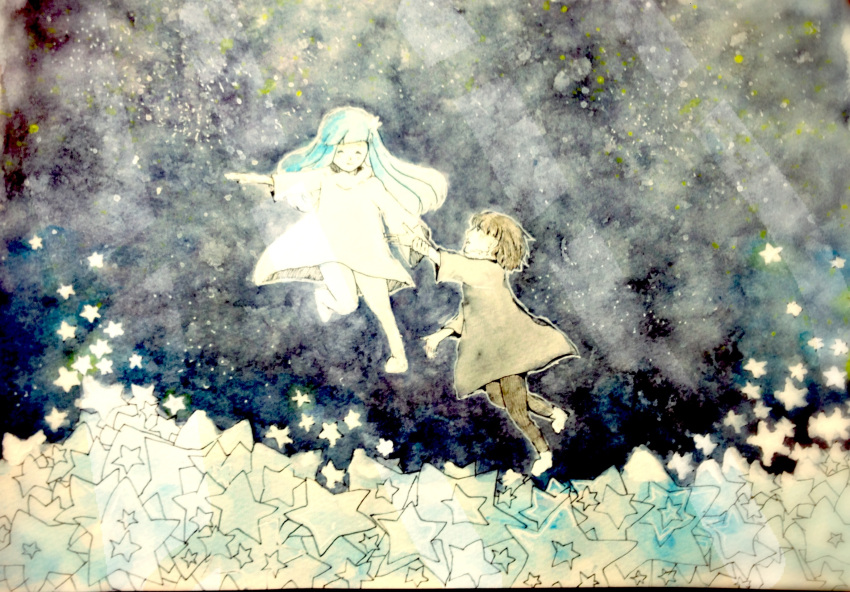 1boy 1girl ayasaki_(coral_non) blue_hair brown_hair closed_eyes dress floating full_body gregorio_(fullkawa_honpo) grey_jacket highres jacket long_hair night painting_(medium) sky smile star_(sky) star_(symbol) starry_sky traditional_media watercolor_(medium) white_dress