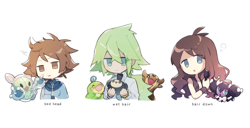 1girl 2boys blue_eyes brown_eyes brown_hair brushing_hair clear_2758 commentary_request english_text floating frog gastrodon gastrodon_(west) gothita green_eyes green_hair hair_brush highres hilbert_(pokemon) hilda_(pokemon) long_hair multiple_boys n_(pokemon) open_mouth pokemon pokemon_(creature) pokemon_bw politoed reuniclus short_hair simple_background smile solid_oval_eyes tympole white_background