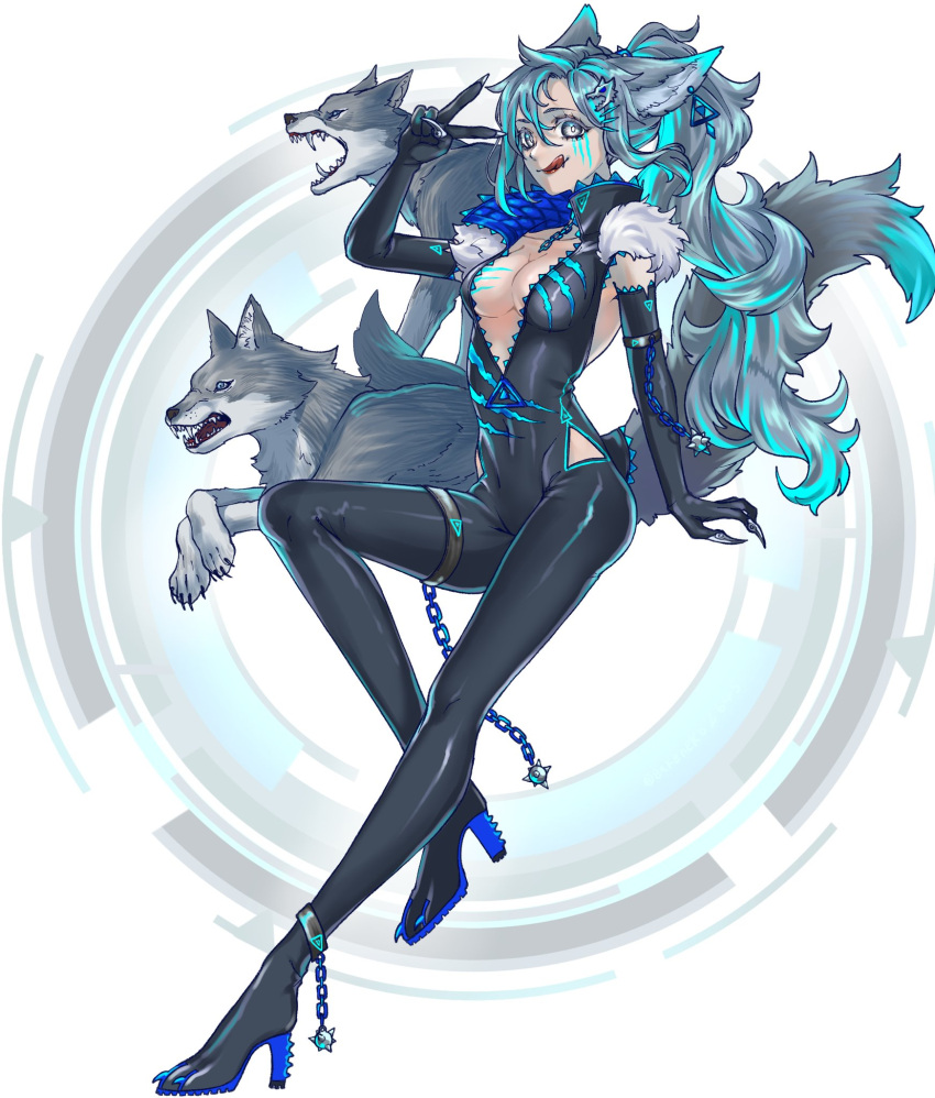1girl animal animal_ears animal_hair_ornament black_bodysuit black_gloves blue_hair bodysuit breasts bright_pupils center_opening claw_(weapon) claw_mark claws colored_eyelashes cuffs ear_piercing elbow_gloves fang fang_out full_body fur_trim gloves grey_eyes grey_hair hair_between_eyes hairband hand_up high_collar high_heels highres hip_vent licking_lips long_hair looking_at_viewer medium_breasts multicolored_background multicolored_hair original paw_shoes piercing ponytail sabuneko2645 shackles sleeveless solo spiked_hairband spikes standing standing_on_one_leg streaked_hair tail tongue tongue_out v weapon white_background white_pupils wolf wolf_ears wolf_girl wolf_tail zipper zipper_pull_tab