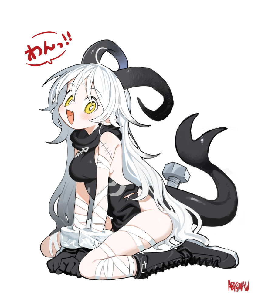 1girl absurdres bandaged_arm bandaged_leg bandages black_gloves boots breasts character_request copyright_request fang full_body gloves highres horns kokaki_mumose long_hair medium_breast nut_(hardware) open_mouth sideboob simple_background sitting sleeveless solo stitches tail thighs white_hair yellow_eyes