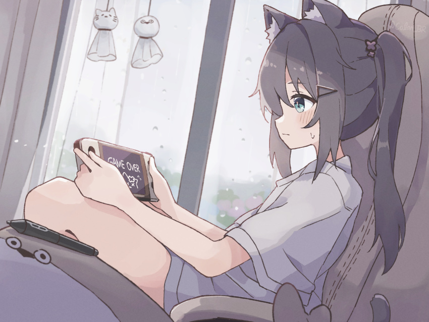 1girl animal_ears aqua_eyes black_hair cat_ears cat_girl colon_br handheld_game_console highres holding holding_handheld_game_console indoors long_hair nintendo_switch original rain sitting solo two_side_up