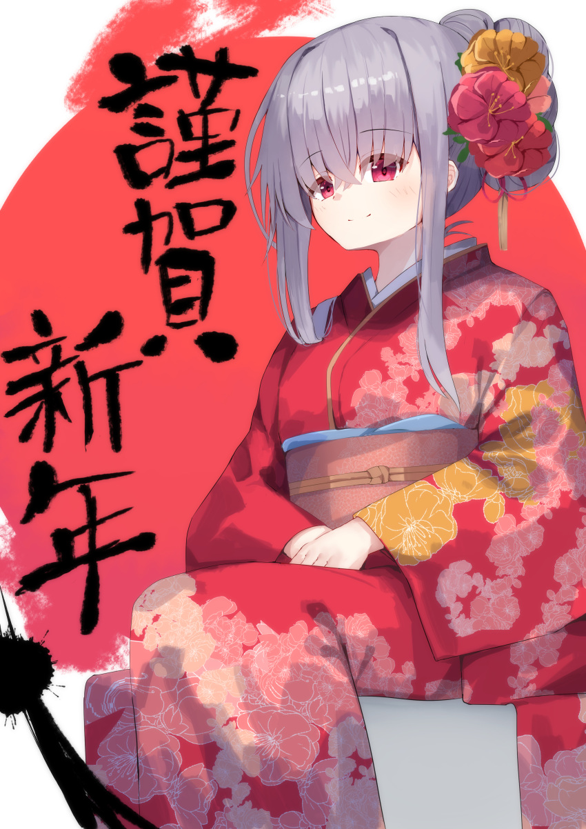 1girl absurdres blush closed_mouth commentary_request crossed_bangs eyes_visible_through_hair feet_out_of_frame floral_print flower grey_hair hair_between_eyes hair_bun hair_flower hair_ornament hair_over_shoulder happy_new_year highres japanese_clothes kanzashi kimono long_hair long_sleeves looking_at_viewer nodoameyatou original own_hands_together paint pink_flower red_background red_eyes red_flower red_kimono sidelocks simple_background single_hair_bun sitting smile solo split_mouth wide_sleeves yellow_flower