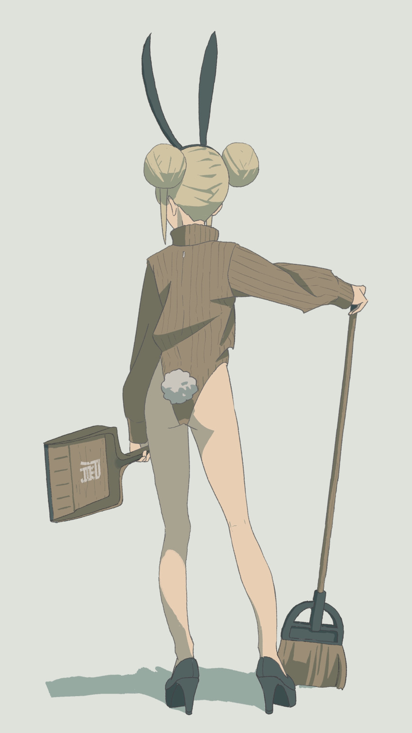 1girl absurdres animal_ears ass bare_legs black_footwear blonde_hair broom brown_sweater double_bun dustpan facing_away fake_tail grey_background hair_bun high_heels highleg highleg_leotard highres holding holding_broom holding_dustpan leotard nape nerio_(neri_akira) original outstretched_arm playboy_bunny rabbit_ears rabbit_tail ribbed_sweater shadow simple_background solo sweater tail turtleneck turtleneck_sweater