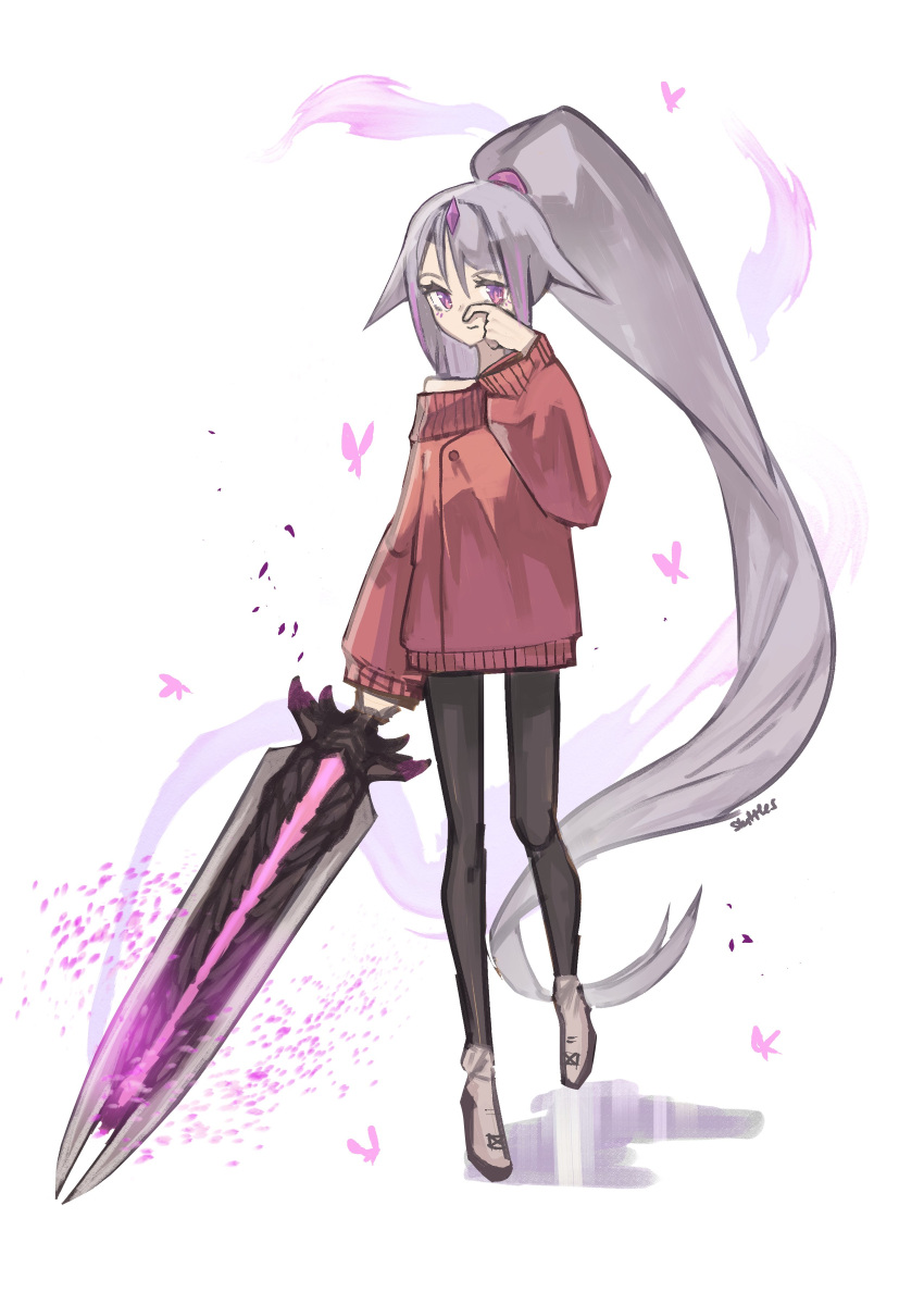 1girl absurdres black_pantyhose bug butterfly full_body greatsword hair_flaps hand_up high_ponytail highres holding holding_sword holding_weapon hololive hololive_english koseki_bijou long_hair looking_at_viewer pantyhose purple_eyes purple_hair red_sweater sidelocks simple_background solo standing sweater sword trustyskittles very_long_hair virtual_youtuber weapon white_background