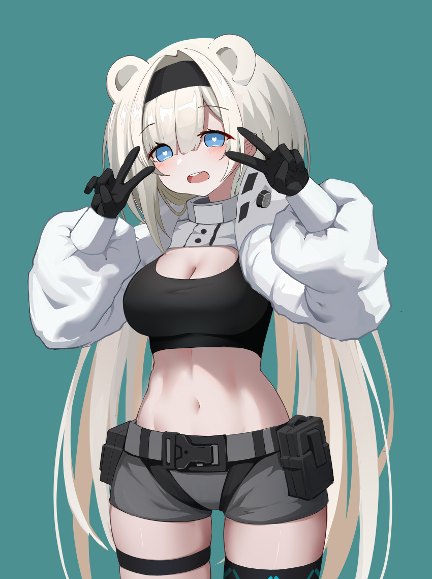 1girl animal_ears aqua_background arknights aurora_(arknights) bangs bear_ears black_gloves black_hairband black_shirt blue_eyes breasts cleavage commentary_request cowboy_shot crop_top double_v eyebrows_visible_through_hair gloves grey_shorts hairband hands_up highres huizhiyin infection_monitor_(arknights) large_breasts long_hair long_sleeves looking_at_viewer midriff navel open_mouth pouch shirt short_shorts shorts shrug_(clothing) silver_hair simple_background solo standing stomach thigh_strap thighs v very_long_hair