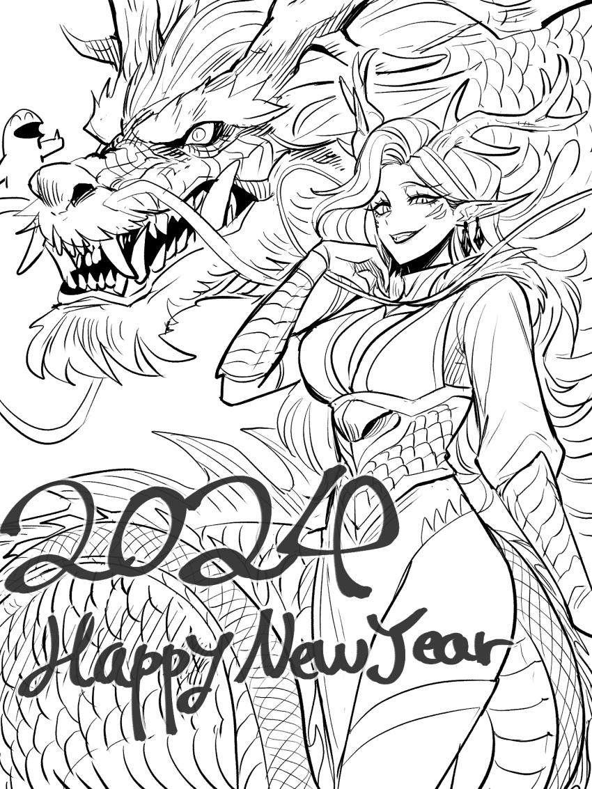 1girl 2024 artist_self-insert breasts chinese_zodiac cleavage dragon dragon_girl dragon_horns dragon_tail earrings eastern_dragon facial_mark fangs gegegekman happy_new_year highres horns jewelry long_hair looking_at_viewer monochrome open_mouth original pelvic_curtain pointy_ears scales slit_pupils smile tail thumbs_up white_background year_of_the_dragon