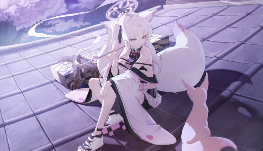 1girl absurdres animal animal_ears bare_shoulders bell bike_shorts black_shorts blue_archive breasts detached_sleeves eyeshadow fox fox_ears fox_tail grey_eyes hakama hakama_short_skirt hakama_skirt halo highres holding holding_smoking_pipe japanese_clothes kimono kuzunoha_(blue_archive) long_hair makeup multiple_tails on_roof pink_halo red_eyeshadow revision rooftop rope shimenawa shorts sitting sitting_on_roof skirt small_breasts smoking_pipe soeyumi solo tail tree two_tails white_footwear white_hair white_hakama white_kimono wide_sleeves