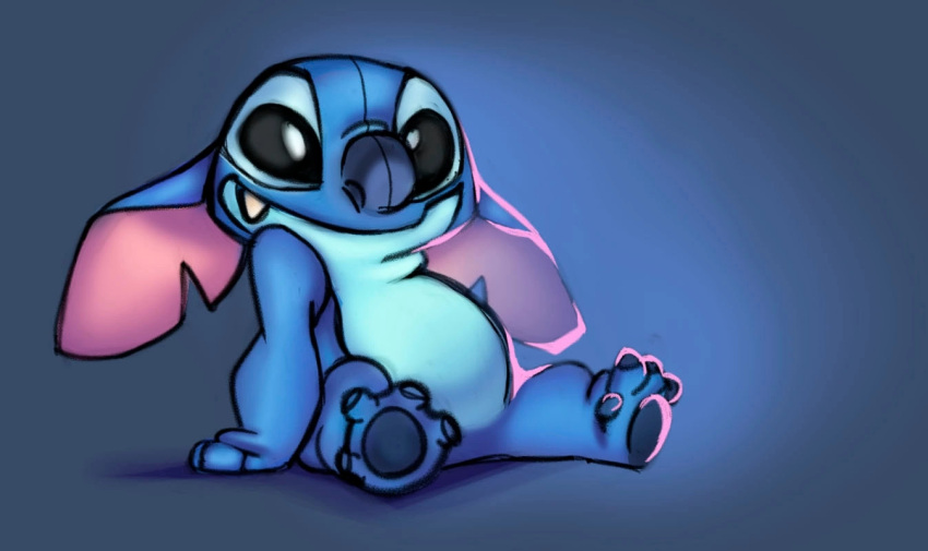 2023 4_toes alien ambiguous_gender anthro biped black_eyes blue_background blue_nose blue_pawpads claws digital_drawing_(artwork) digital_media_(artwork) disney ears_down experiment_(lilo_and_stitch) feet gradient_background lilo_and_stitch male_(lore) notched_ear pawpads pivoted_ears simple_background sitting slightly_chubby slightly_chubby_anthro smile solo stitch_(lilo_and_stitch) toe_claws toes vati016