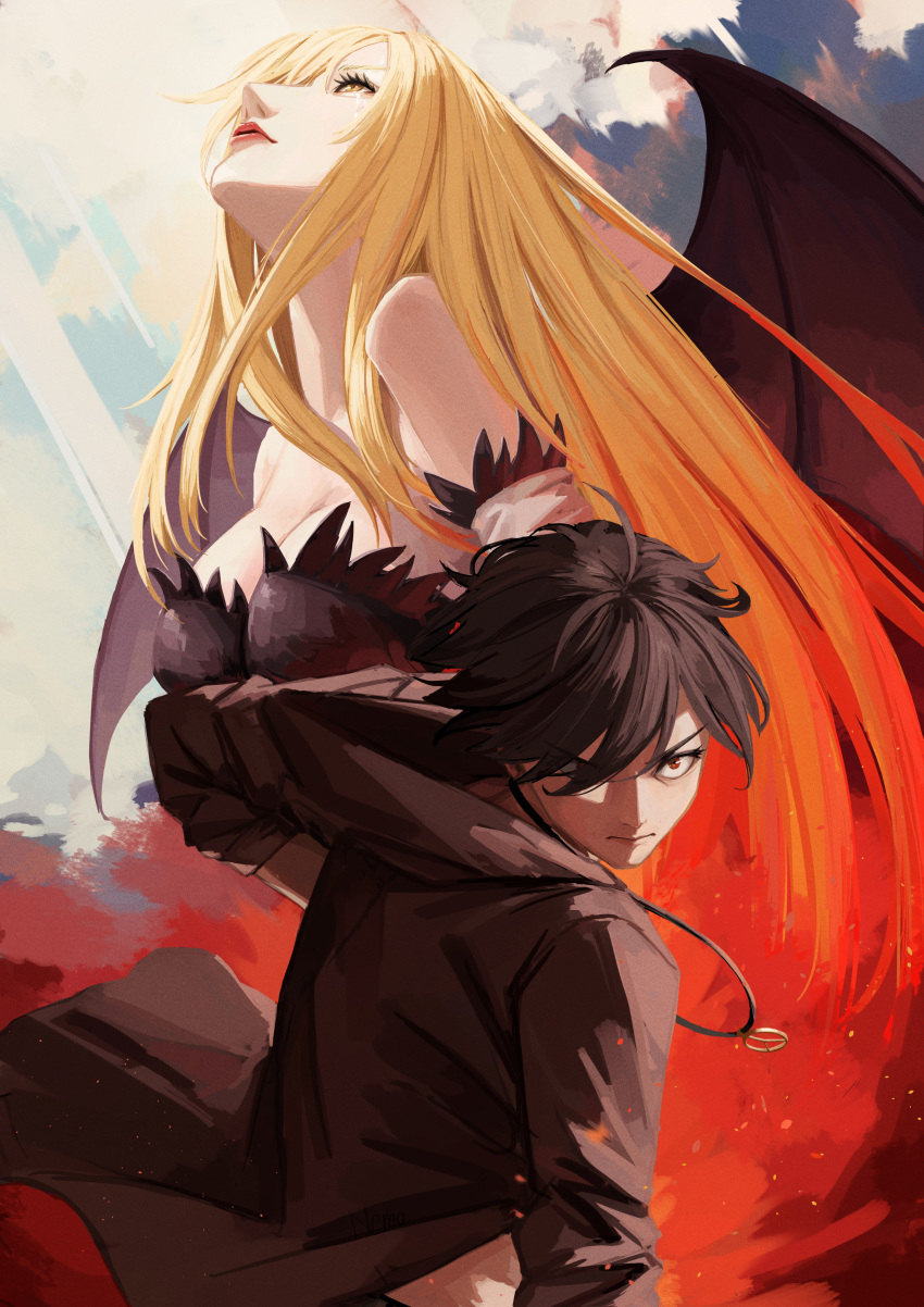 1boy 1girl absurdres ahoge araragi_koyomi black_hair black_hoodie black_wings blonde_hair breasts cleavage closed_mouth demon_wings highres hood hoodie jewelry kiss-shot_acerola-orion_heart-under-blade kizumonogatari large_breasts long_hair monogatari_(series) necklace nemo_ringo oshino_shinobu red_eyes red_lips short_hair vampire wings yellow_eyes