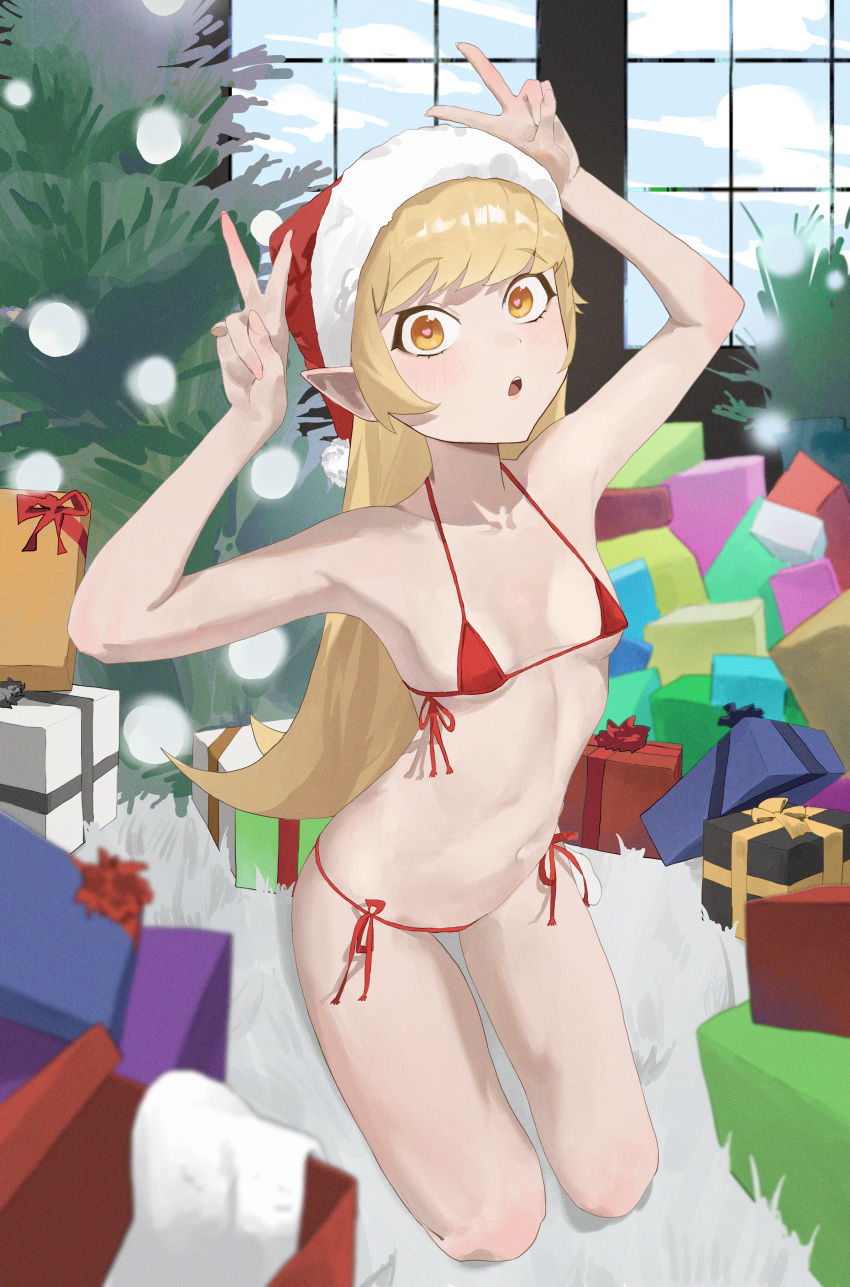 1girl absurdres alternate_costume bikini blonde_hair breasts christmas christmas_ornaments christmas_present christmas_tree double_v gift hands_up hat highres indoors long_hair monogatari_(series) navel open_mouth oshino_shinobu pointy_ears red_bikini santa_hat side-tie_bikini_bottom small_breasts solo swimsuit tabulagami v window yellow_eyes