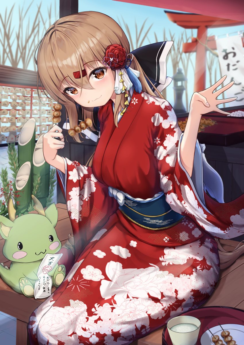 1girl absurdres black_bow blush bow breasts brown_eyes brown_hair closed_mouth dango fingernails food hair_between_eyes hair_bow hair_ornament hairclip highres japanese_clothes kadomatsu kantai_collection kimono long_hair long_sleeves looking_at_viewer low_twintails medium_breasts mitarashi_dango obi red_kimono sash smile solo sudachineko tashkent_(kancolle) torii twintails wagashi wide_sleeves