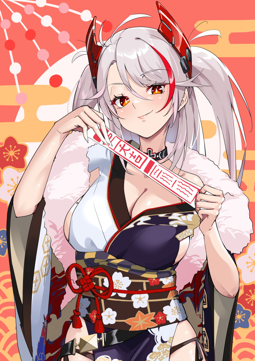 1girl absurdres azur_lane black_choker black_panties breasts choker cleavage closed_mouth cross hands_up happy_new_year headgear highres holding holding_paper iron_cross japanese_clothes kimono large_breasts lips long_hair looking_at_viewer mole mole_on_breast multicolored_hair nukege_ojisan obi obijime official_alternate_costume orange_eyes panties paper pelvic_curtain prinz_eugen_(azur_lane) prinz_eugen_(profusion_of_flowers)_(azur_lane) red_hair sash side-tie_panties smile solo streaked_hair swept_bangs textless_version two_side_up underwear upper_body white_hair wide_sleeves