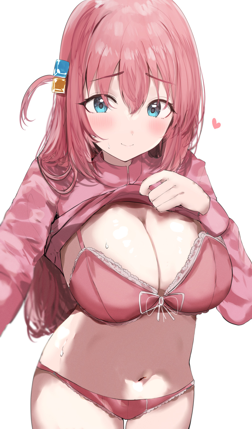 1girl absurdres aqua_eyes blush bocchi_the_rock! bra breasts cleavage closed_mouth commentary cube_hair_ornament gotoh_hitori hair_between_eyes hair_ornament heart highres huge_breasts jacket jacket_lift lifted_by_self long_hair long_sleeves looking_at_viewer navel one_side_up panties pink_bra pink_hair pink_jacket pink_panties pink_theme simple_background sleeves_past_wrists smile solo stomach sunya_(honorin-yuunibo) sweat thigh_gap thighs underwear white_background