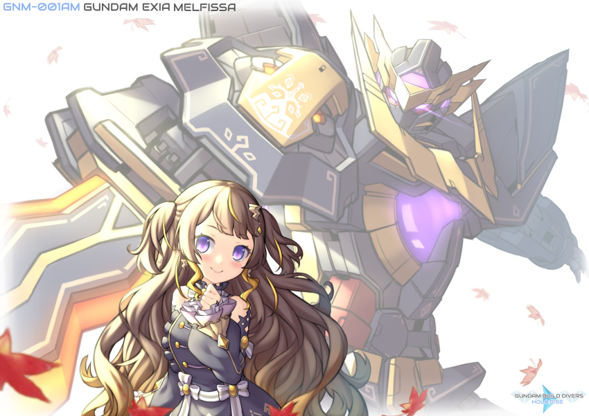 1girl anya_melfissa arm_blade autumn_leaves bangs blush bow breasts detached_sleeves earrings english_commentary eyebrows_behind_hair glowing glowing_eye gundam gundam_00 gundam_build_divers gundam_build_divers_re:rise gundam_exia highres hololive hololive_indonesia jewelry logo_parody mecha medium_breasts mobile_suit multicolored_hair open_hand parody pinguinkotak purple_bow purple_eyes science_fiction smile streaked_hair title_parody two_side_up v-fin weapon