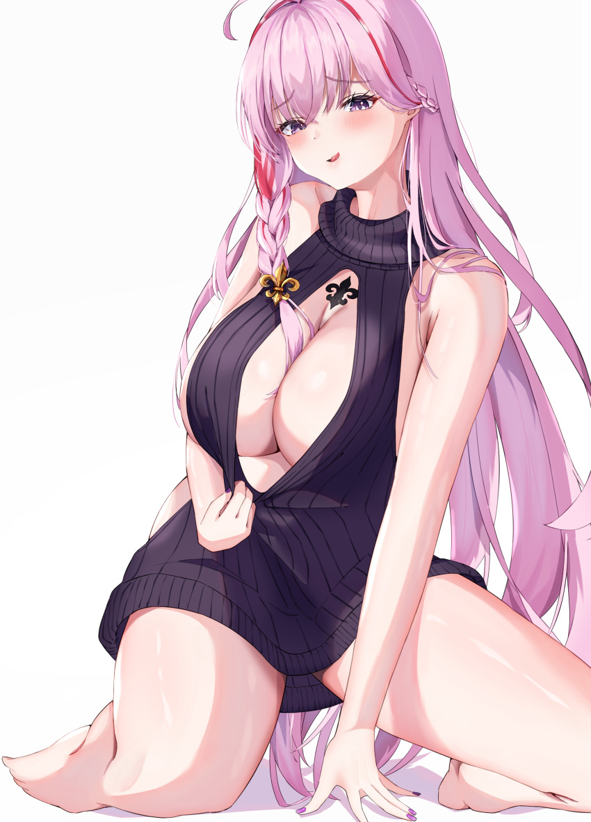 1girl absurdres ahoge bare_shoulders black_sweater braid breasts chest_tattoo cleavage cleavage_cutout clothing_cutout commission enoha fleur-de-lis hair_ornament hair_over_shoulder highres indie_virtual_youtuber large_breasts long_hair mahou_lelys meme_attire multicolored_hair pink_hair purple_eyes purple_nails shadow skeb_commission sleeveless sleeveless_sweater solo streaked_hair sweater tattoo tongue virgin_killer_sweater virtual_youtuber