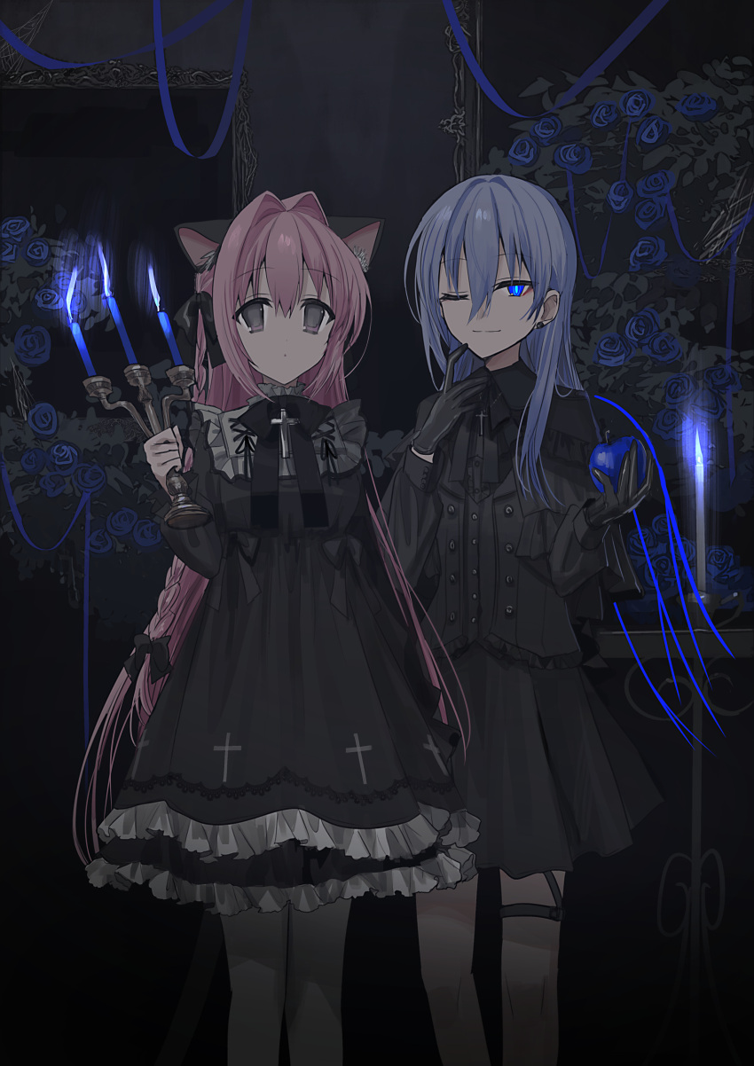 2girls ;) absurdres animal_ear_fluff animal_ears apple black_bow black_dress black_gloves black_shirt black_skirt black_vest blue_eyes blue_fire blue_flower blue_rose bow braid candle candlestand cat_ears chihuri closed_mouth collared_shirt commentary_request dress dress_shirt ende_(chihuri) feet_out_of_frame fire flower food frilled_dress frills fruit gloves grey_hair hair_between_eyes hair_bow hair_intakes highres holding holding_food holding_fruit indoors long_hair long_sleeves multiple_girls nea_(chihuri) one_eye_closed original pantyhose pink_hair pleated_skirt puffy_long_sleeves puffy_sleeves purple_eyes rose shirt skirt smile standing very_long_hair vest white_pantyhose