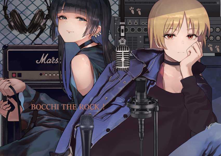 2girls absurdres amplifier black_choker black_dress black_eyes black_hair black_nails blonde_hair blue_jacket blunt_bangs bocchi_the_rock! chin_piercing choker clothing_cutout colored_inner_hair commentary_request copyright_name dress earrings expressionless headphones highres ijichi_seika jacket jacket_on_shoulders jewelry long_hair looking_at_viewer microphone multicolored_hair multiple_girls open_clothes open_jacket oshiri_seijin pa-san red_eyes shoulder_cutout smile studio two-tone_hair