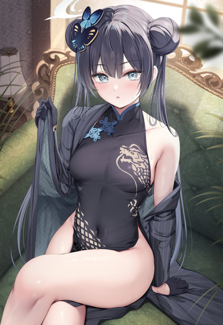1girl black_dress blue_archive blue_eyes blush braid braided_bun breasts butterfly_hair_ornament china_dress chinese_clothes commentary_request covered_navel double_bun dragon_print dress hair_bun hair_ornament halo highres kisaki_(blue_archive) long_hair looking_at_viewer no_panties pelvic_curtain sitting sleeveless sleeveless_dress solo thighs tomoo_(tomo)