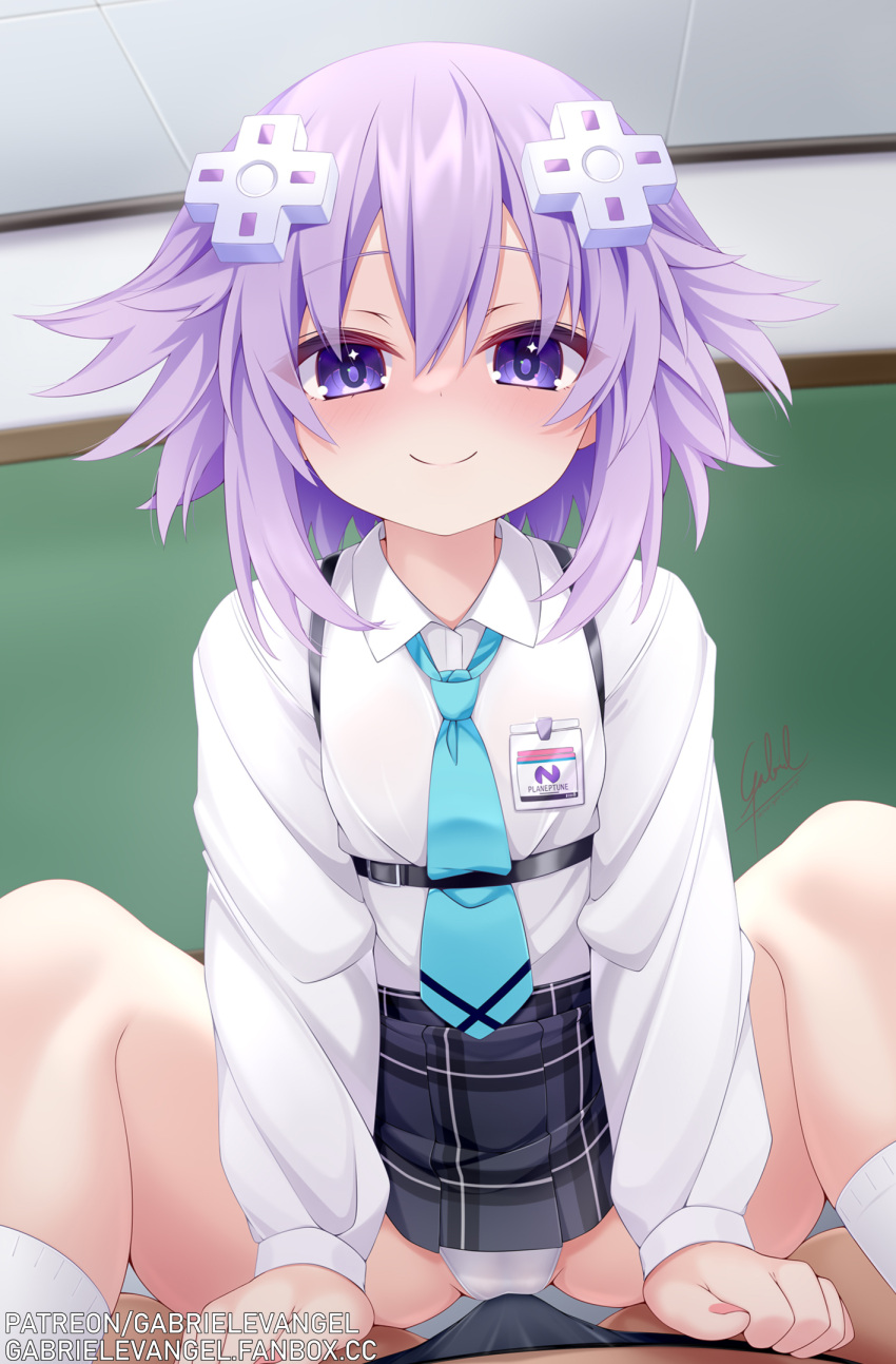 1boy 1girl artist_name blue_archive blush breasts choujigen_game_neptune classroom cleft_of_venus directional_arrow_hair_ornament gabriel_evangel girl_on_top highres hoshino_(blue_archive) long_sleeves looking_at_viewer miniskirt necktie neptune_(neptunia) neptune_(series) paid_reward_available panties pantyshot pleated_skirt purple_eyes purple_hair shirt short_hair signature skirt small_breasts smile socks spread_legs straddling underwear white_shirt white_socks