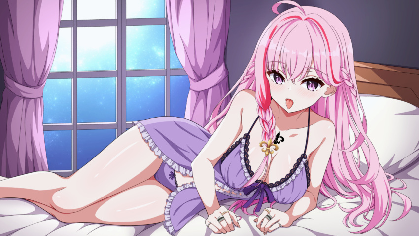1girl agehanamame ahoge babydoll bare_legs bare_shoulders breasts chest_tattoo cleavage collarbone commission fleur-de-lis hair_ornament indie_virtual_youtuber jewelry large_breasts long_hair mahou_lelys multicolored_hair multiple_rings night night_sky on_bed panties pillow pink_hair purple_babydoll purple_curtains purple_panties ring skeb_commission sky solo streaked_hair tattoo tongue tongue_out underwear virtual_youtuber window