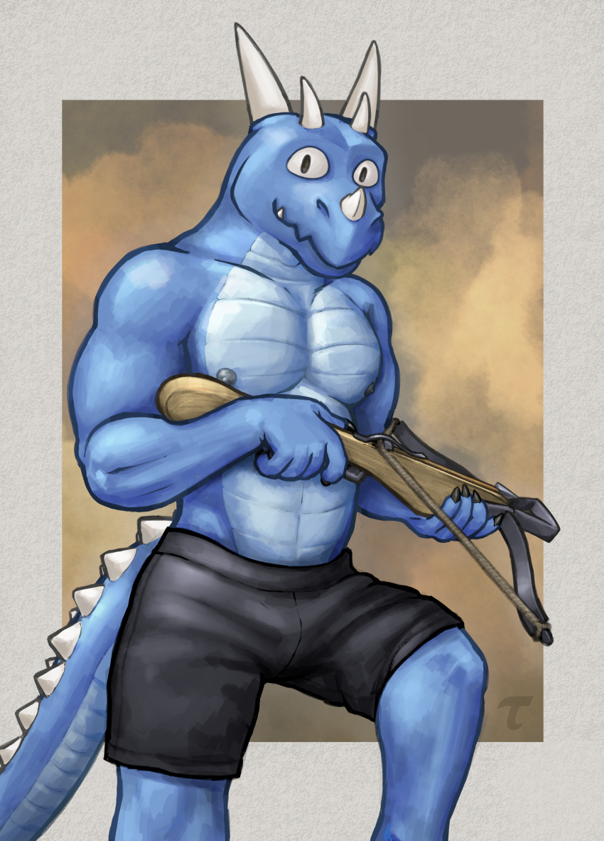abstract_background absurd_res anthro argonian bethesda_softworks blue_body blue_scales bottomwear clothing crossbow digital_media_(artwork) dragon dragonian hi_res horn huge_filesize hybrid looking_at_viewer male muscular nipples ranged_weapon scales scalie shirtless shirtless_male shorts shorts_only smile solo the_elder_scrolls tuubi weapon