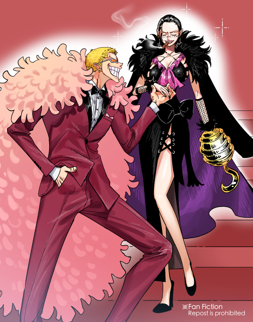 1boy 1girl bare_legs black_bow black_bowtie black_coat black_dress black_hair blonde_hair bow bowtie cigar closed_eyes clothing_cutout coat crocodile_(one_piece) donquixote_doflamingo dress e_mouth69 earrings english_text feather_coat fishnet_armwear fur_trim genderswap genderswap_(mtf) hand_in_pocket highres hook_hand jewelry leg_cutout looking_at_another one_piece pants pink_coat red_pants red_suit scar scar_on_face short_hair sleeveless sleeveless_dress smile smoke smoking suit sunglasses