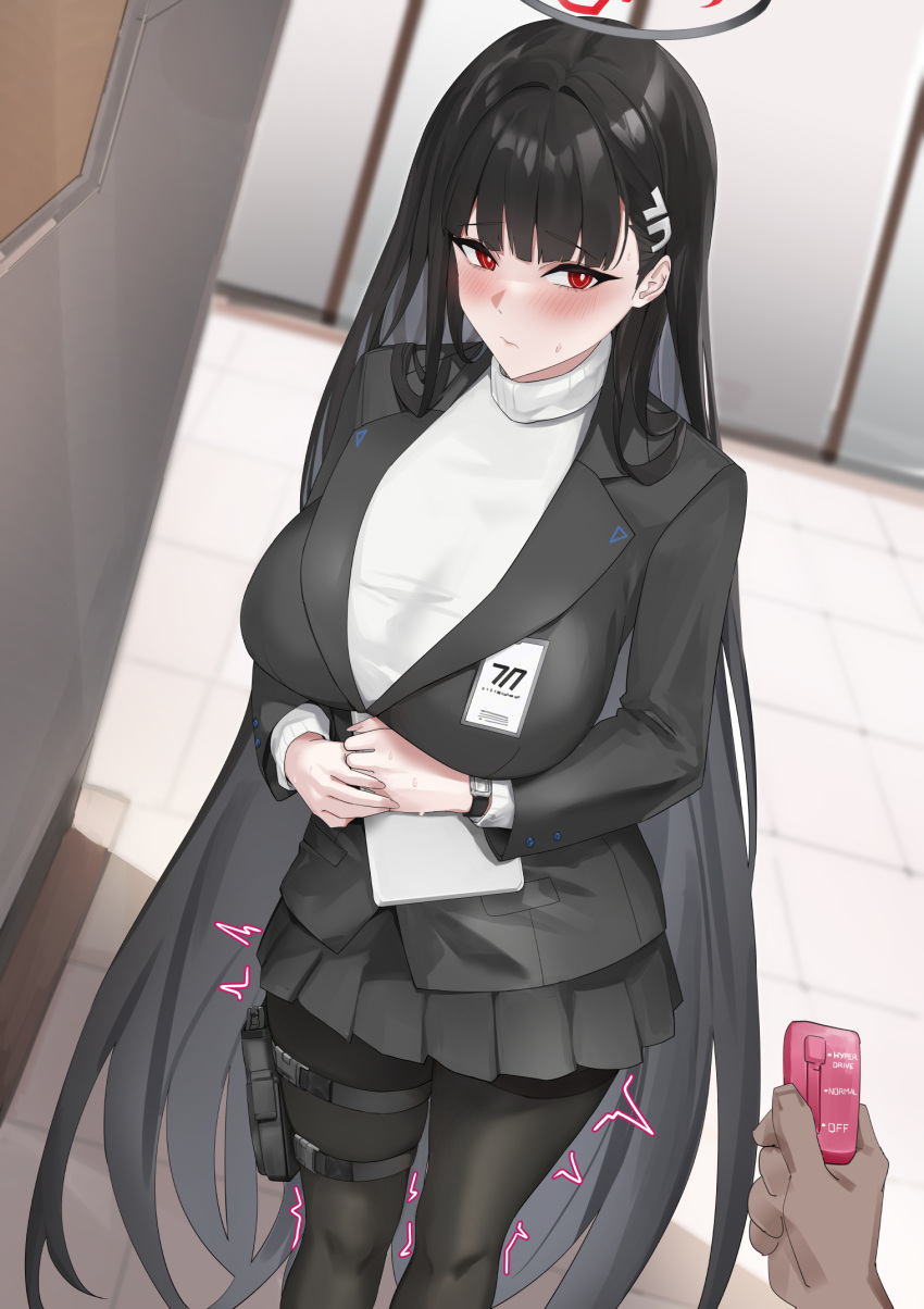 1boy 1girl black_hair black_pantyhose blazer blazingchaos blue_archive blush breasts hair_ornament hairclip halo highres holster jacket long_hair looking_at_viewer pantyhose pleated_skirt red_eyes rio_(blue_archive) skirt smile solo_focus sweater thigh_holster turtleneck turtleneck_sweater very_long_hair watch wristwatch