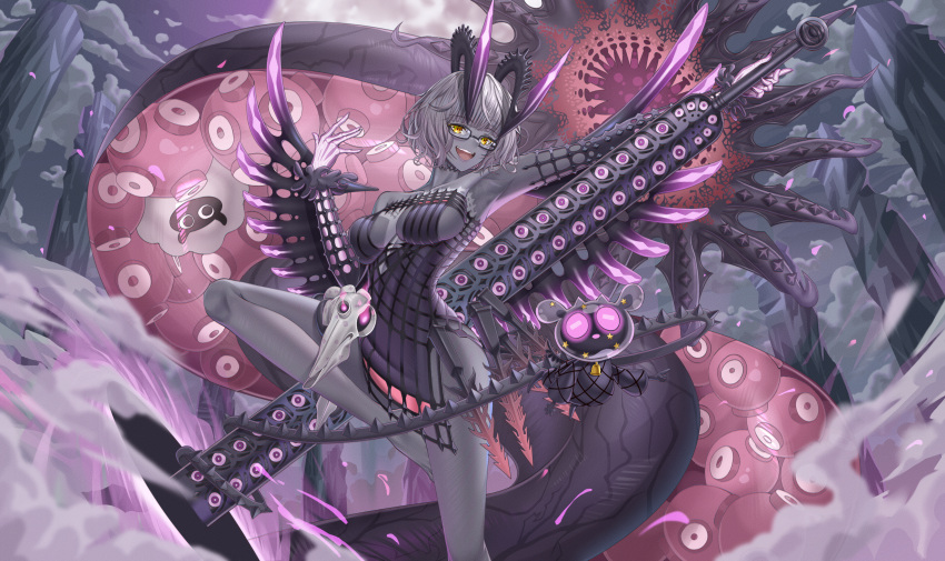 1girl absurdres animal_skull armpits barefoot black_dress breasts colored_skin dress fate/grand_order fate_(series) glasses grey_hair grey_skin highres holding holding_sword holding_weapon horns jacques_de_molay_(foreigner)_(fate) large_breasts leg_up sword tentacles user_xjse7283 weapon yellow_eyes