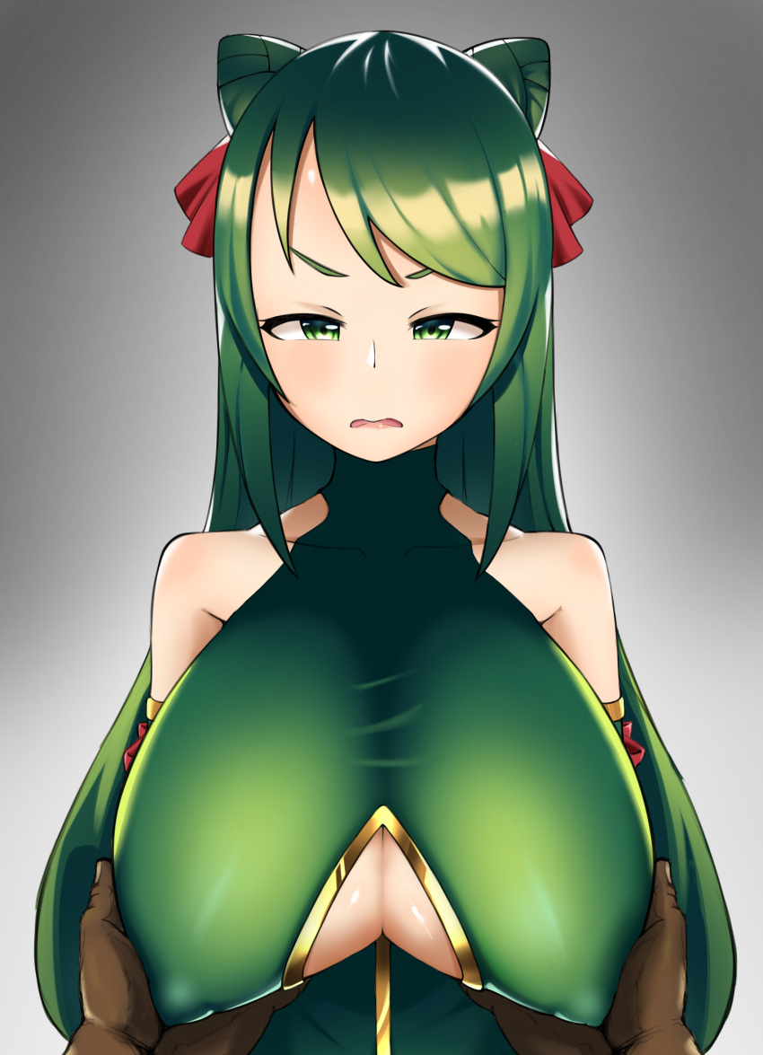 1girl absurdres bare_shoulders breasts cestina_(grand_summoners) cleavage_cutout clothing_cutout covered_nipples grabbing grabbing_another's_breast grand_summoners green_eyes green_hair highres long_hair puppuppa
