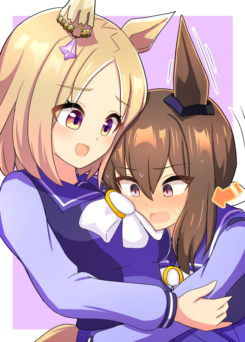 2girls admire_vega_(umamusume) animal_ears blonde_hair blush border bow breasts brown_hair commentary_request ear_covers ear_ornament hair_between_eyes highres horse_ears horse_girl long_sleeves medium_breasts medium_hair multiple_girls narita_top_road_(umamusume) open_mouth pleated_skirt purple_background purple_eyes purple_serafuku purple_shirt purple_skirt sailor_collar school_uniform serafuku shirt simple_background single_ear_cover skirt smile tracen_school_uniform umamusume white_border white_bow whitelily_bread winter_uniform yuri